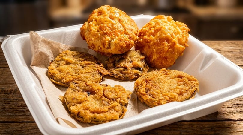 Fried green tomatoes and biscuits in a white takeout container on a wooden table.